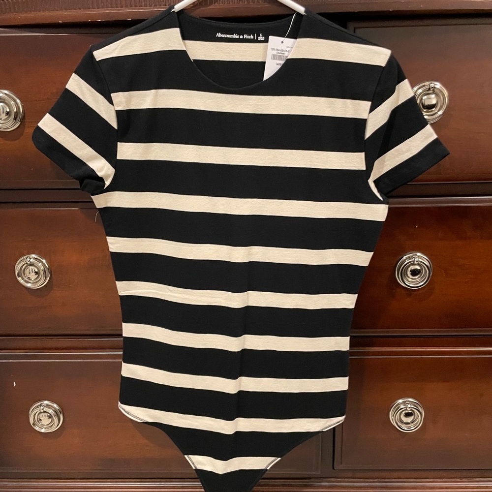 Abercrombie & Fitch Black and Cream Striped Bodysuit